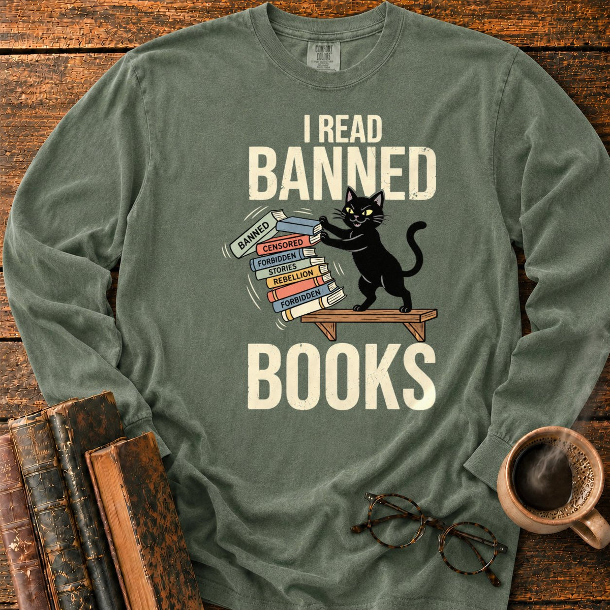 Vintage Cat Pushing A Book Stack LS T-Shirt in Hemp – BooksThreads