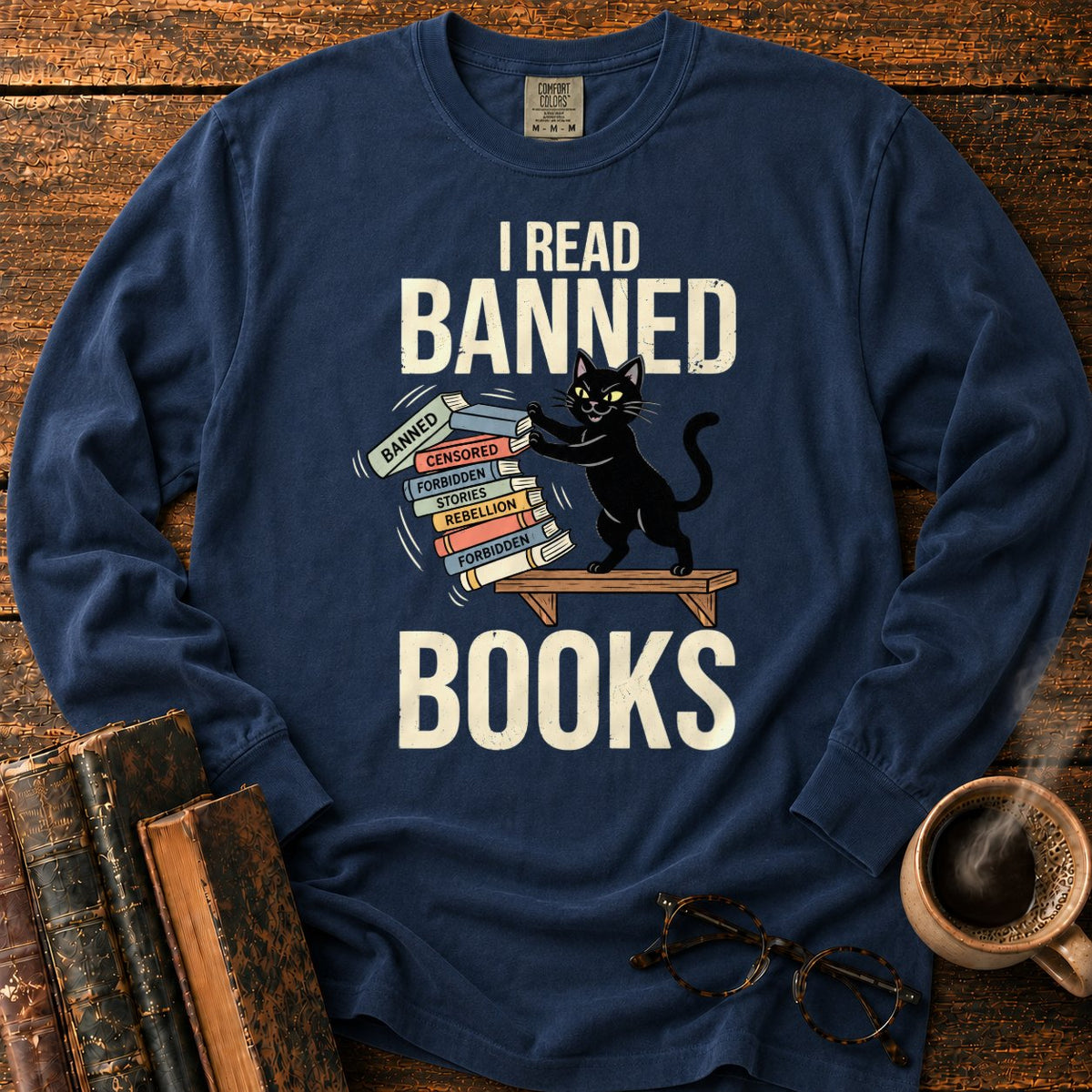 Vintage Cat Pushing A Book Stack LS T-Shirt in Midnight – BooksThreads