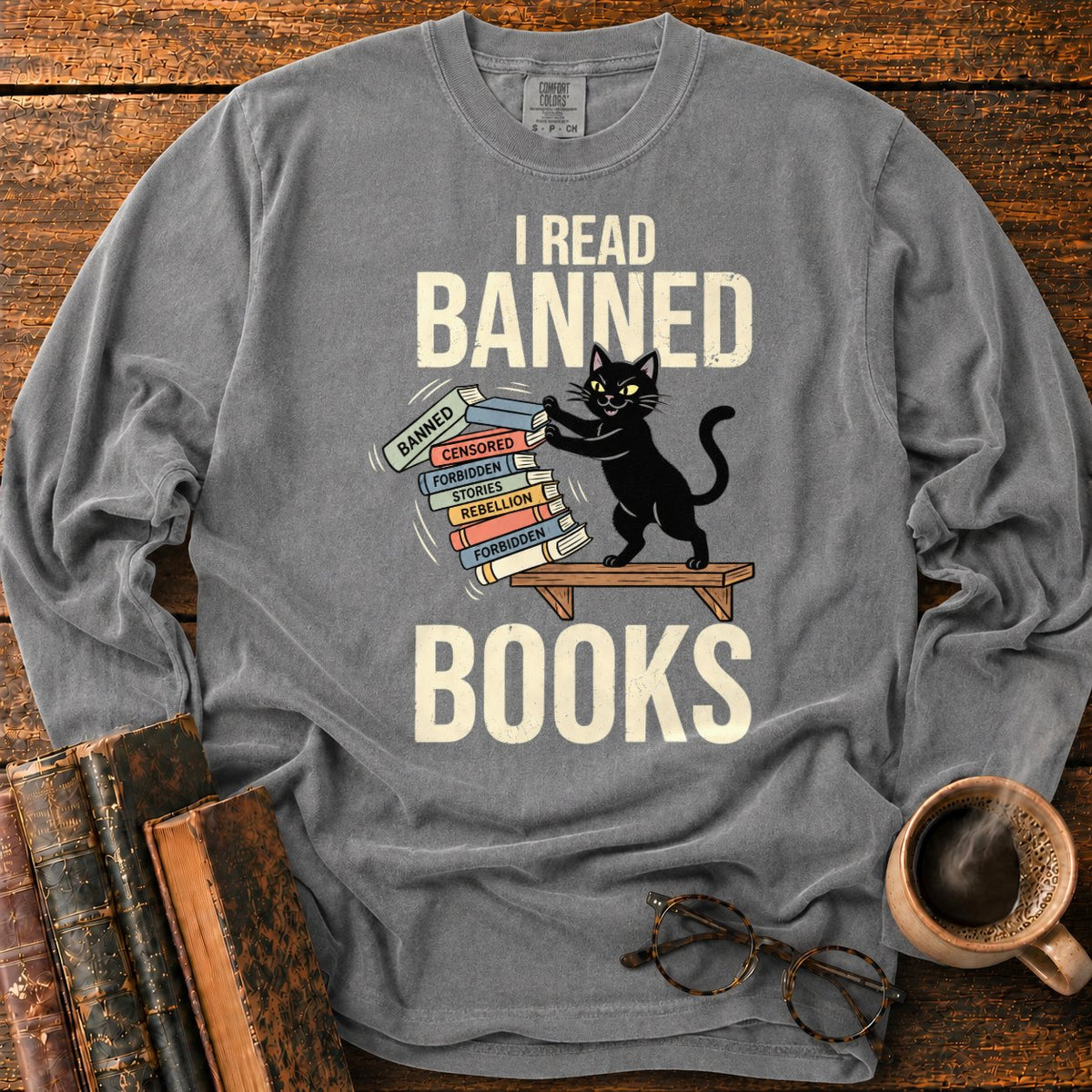 Vintage Cat Pushing A Book Stack LS T-Shirt in Pepper – BooksThreads