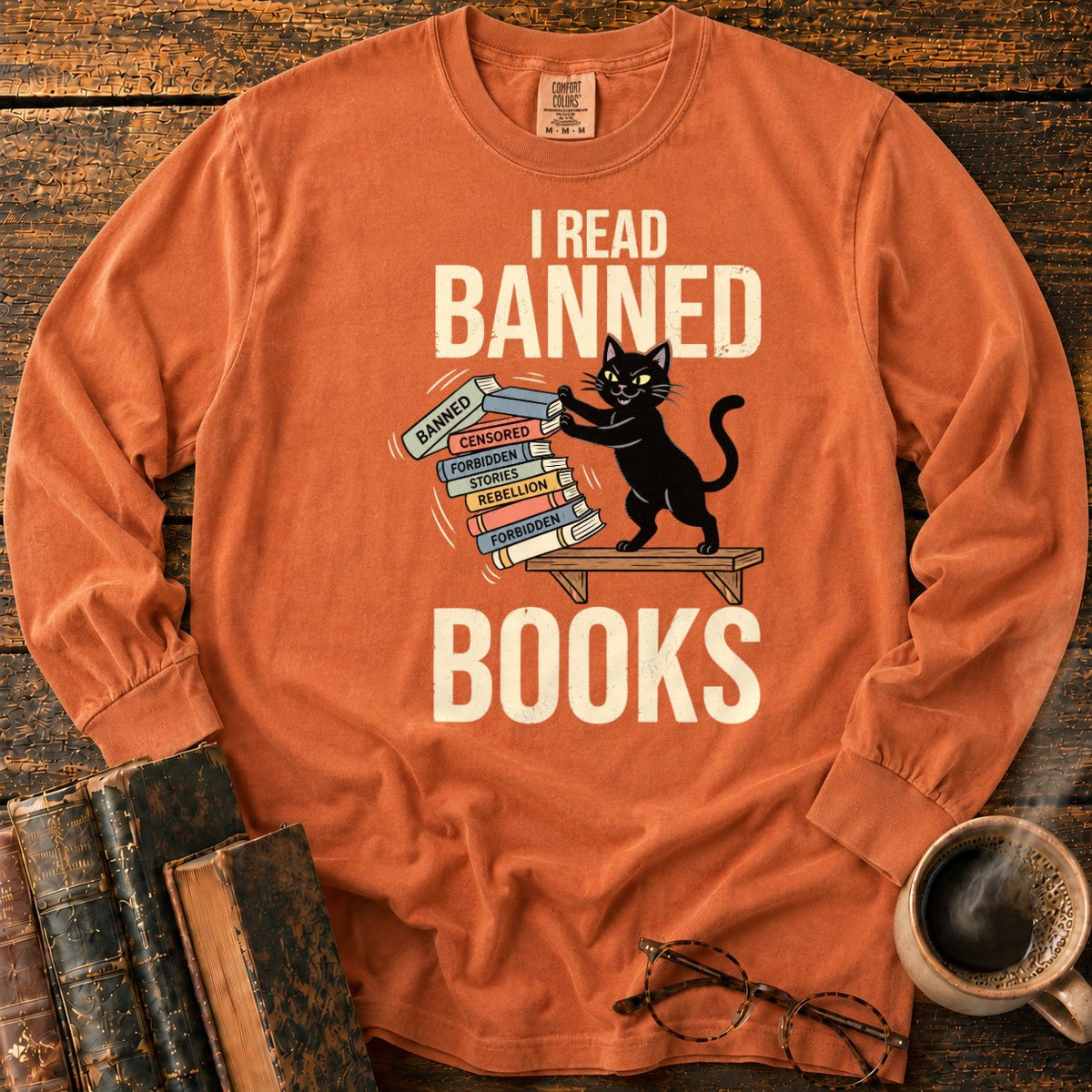 Vintage Cat Pushing A Book Stack LS T-Shirt in Yam – BooksThreads