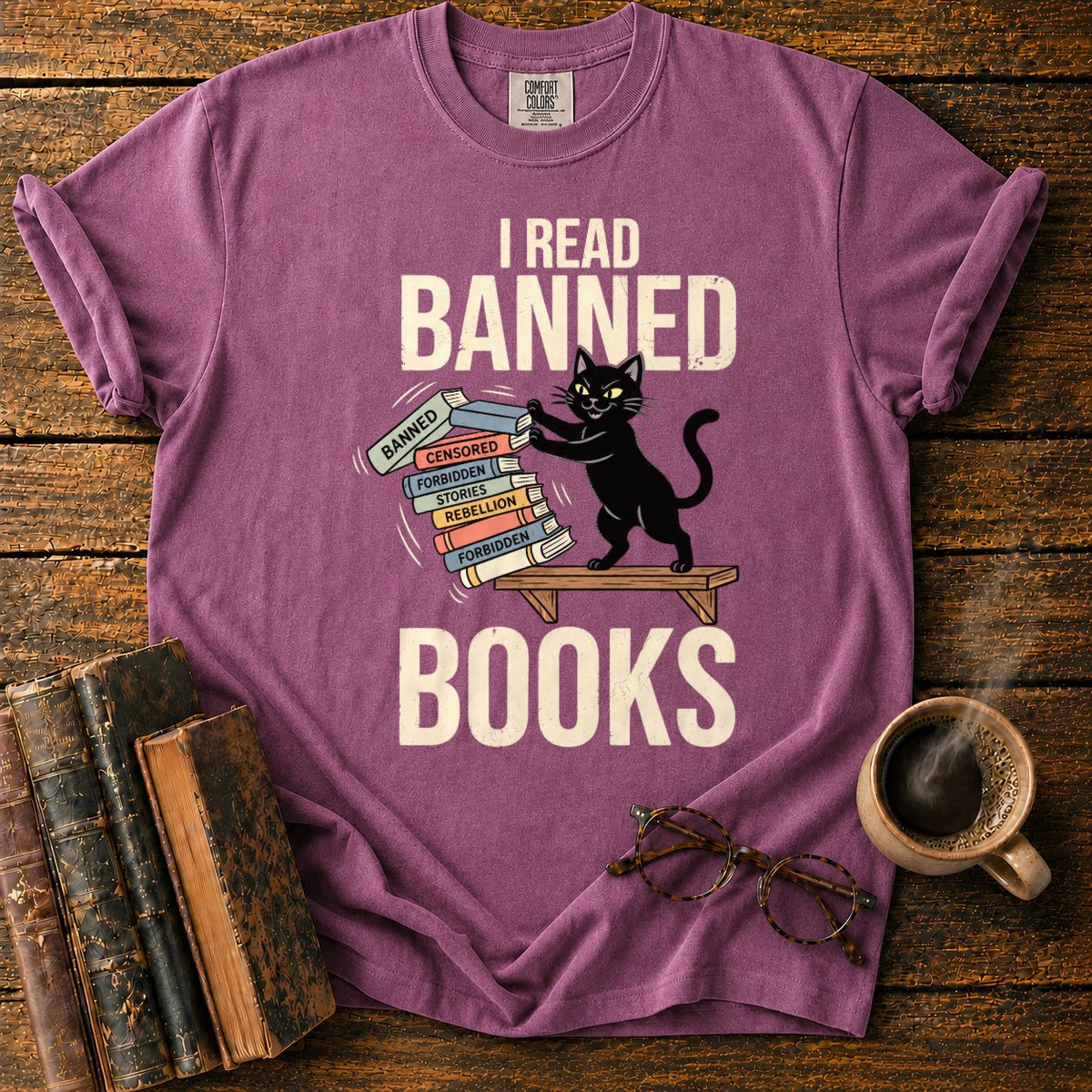 Vintage Cat Pushing A Book Stack T-Shirt in Berry – BooksThreads