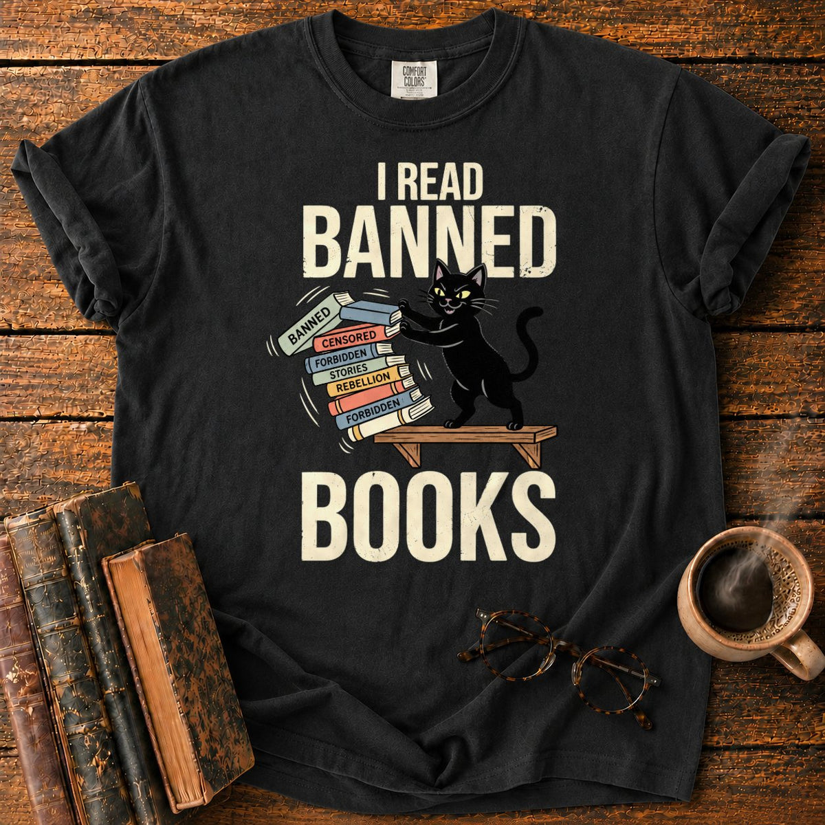 Vintage Cat Pushing A Book Stack T-Shirt in Black – BooksThreads