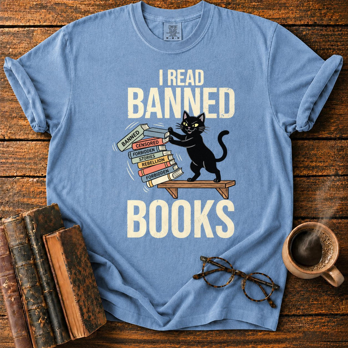 Vintage Cat Pushing A Book Stack T-Shirt in Blue Jean – BooksThreads