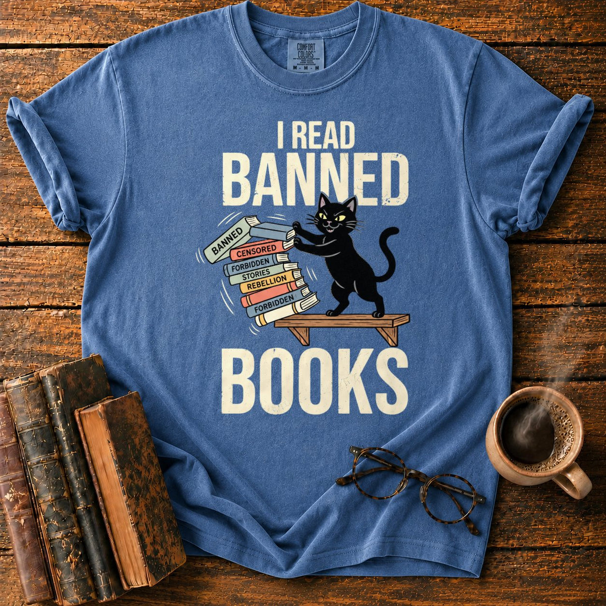 Vintage Cat Pushing A Book Stack T-Shirt in Denim – BooksThreads