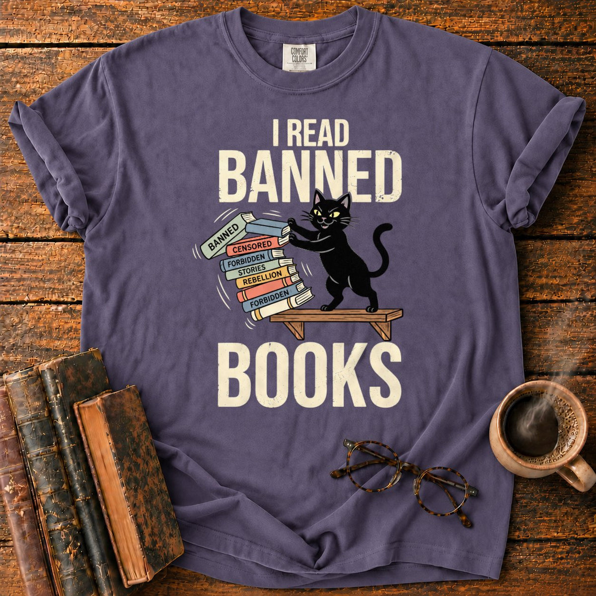 Vintage Cat Pushing A Book Stack T-Shirt in Grape – BooksThreads