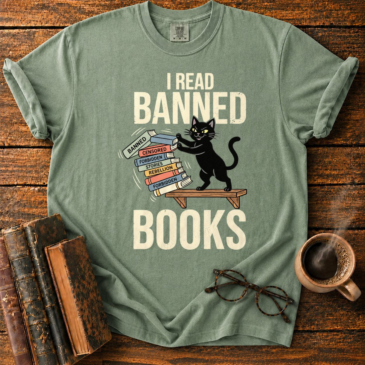 Vintage Cat Pushing A Book Stack T-Shirt in Moss – BooksThreads