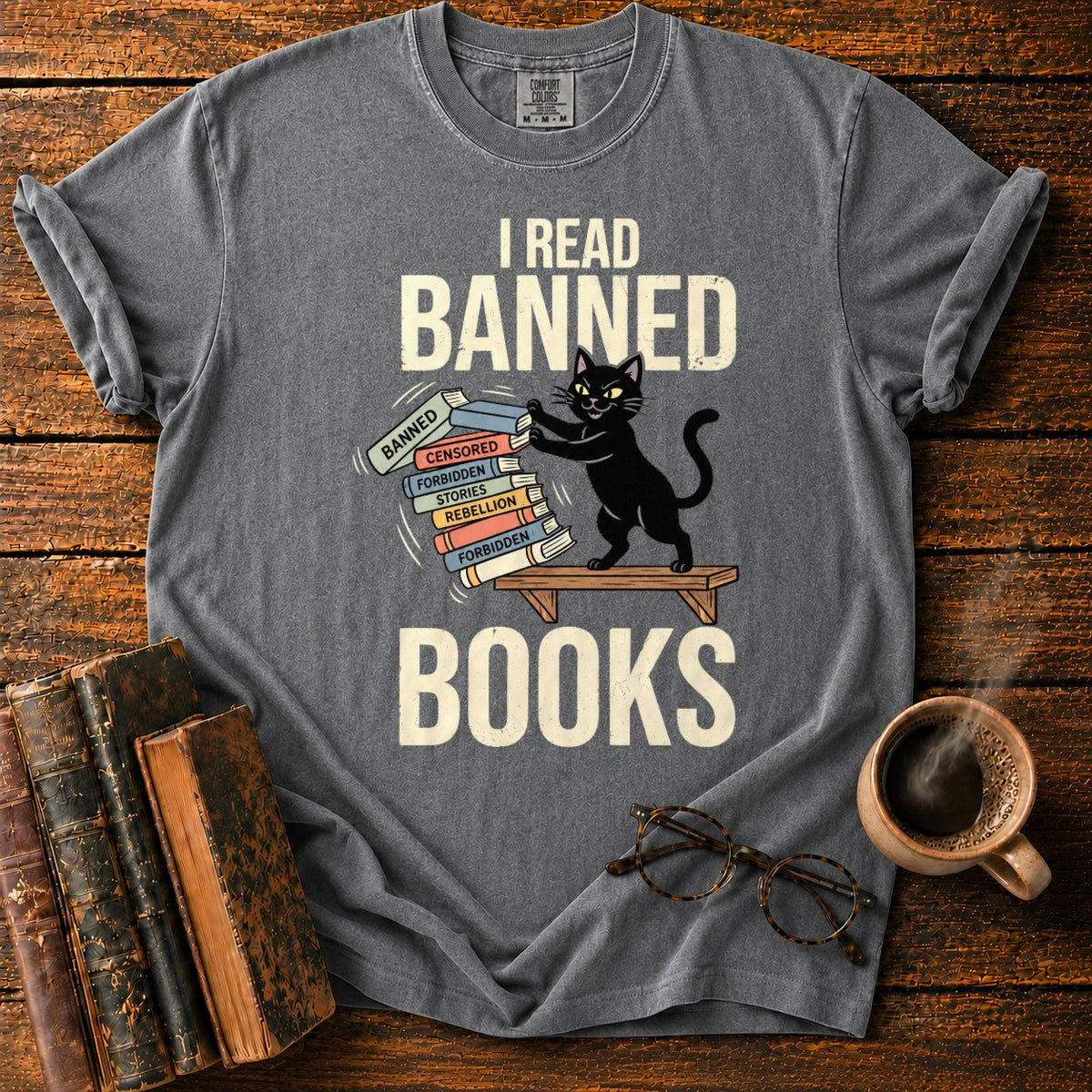 Vintage Cat Pushing A Book Stack T-Shirt in Pepper – BooksThreads