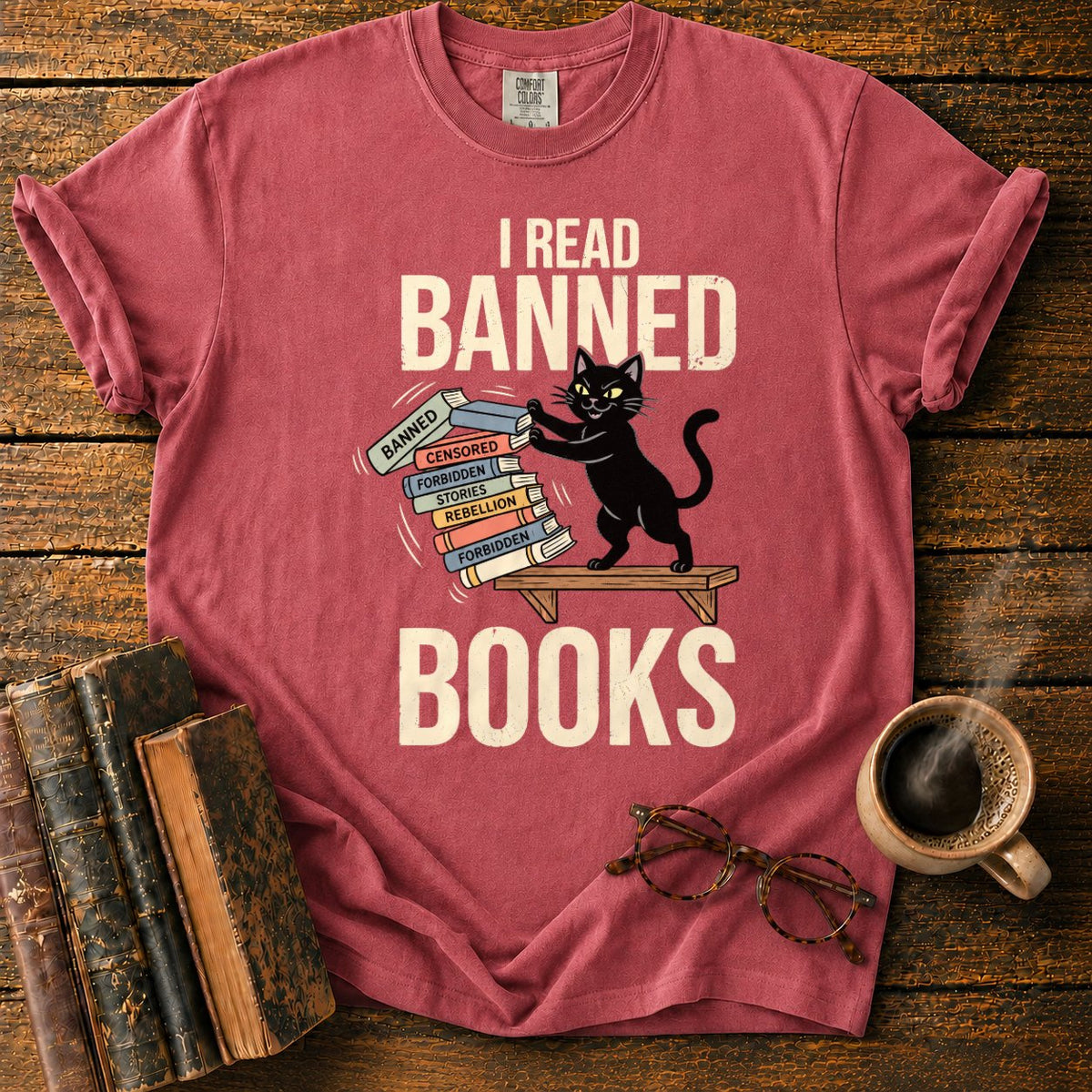 Vintage Cat Pushing A Book Stack T-Shirt in Watermelon – BooksThreads