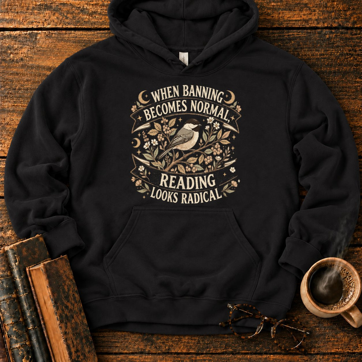 Vintage Chickadee Botanical Ribbon Hoodie in Black – BooksThreads