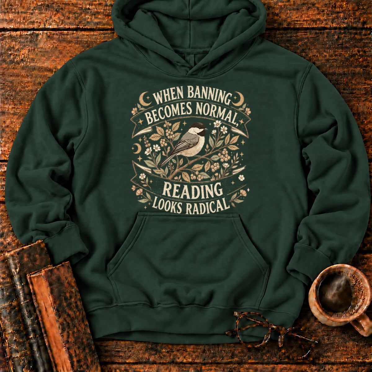 Vintage Chickadee Botanical Ribbon Hoodie in Forest Green – BooksThreads