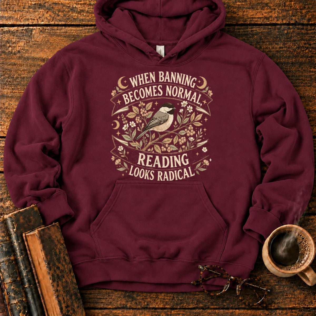 Vintage Chickadee Botanical Ribbon Hoodie in Maroon – BooksThreads
