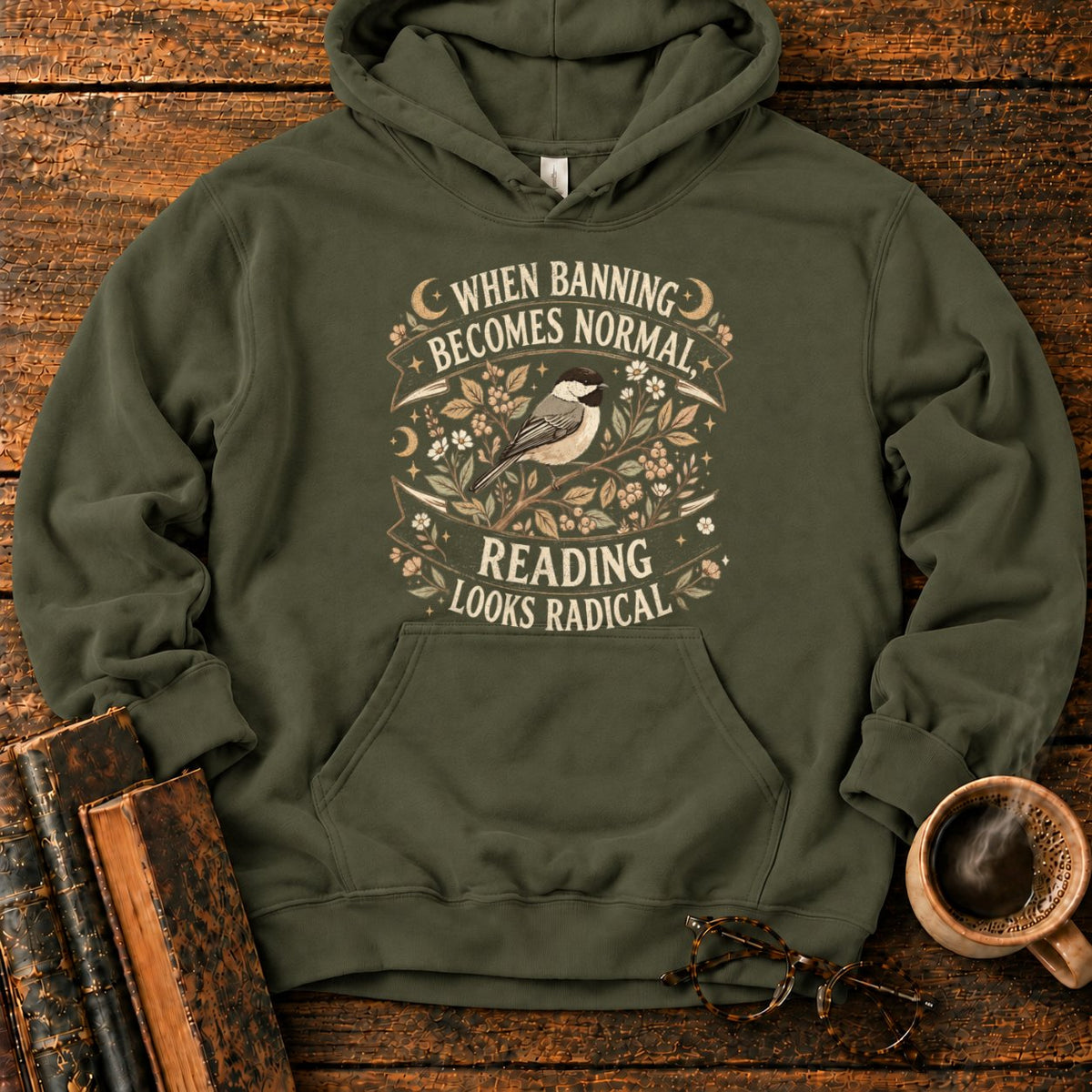 Vintage Chickadee Botanical Ribbon Hoodie in Military Green – BooksThreads