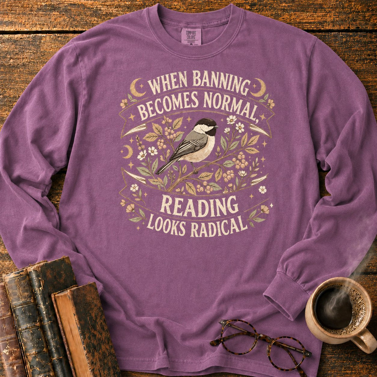 Vintage Chickadee Botanical Ribbon LS T-Shirt in Berry – BooksThreads