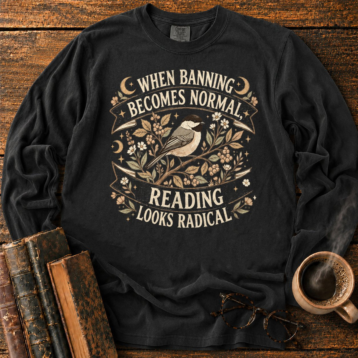 Vintage Chickadee Botanical Ribbon LS T-Shirt in Black – BooksThreads