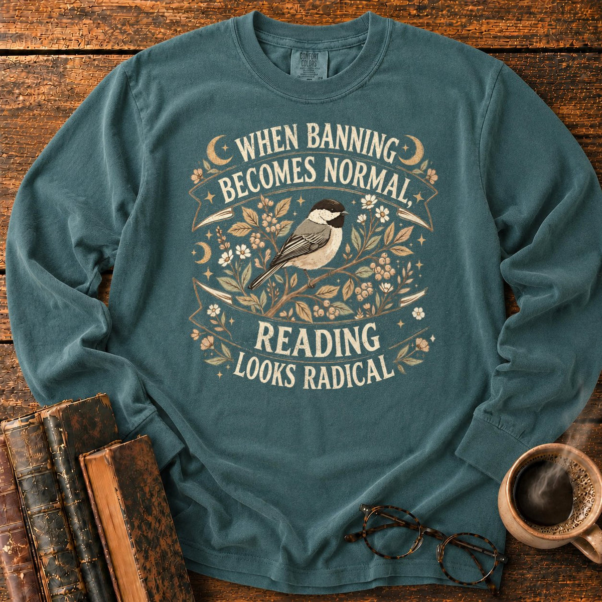 Vintage Chickadee Botanical Ribbon LS T-Shirt in Blue Spruce – BooksThreads