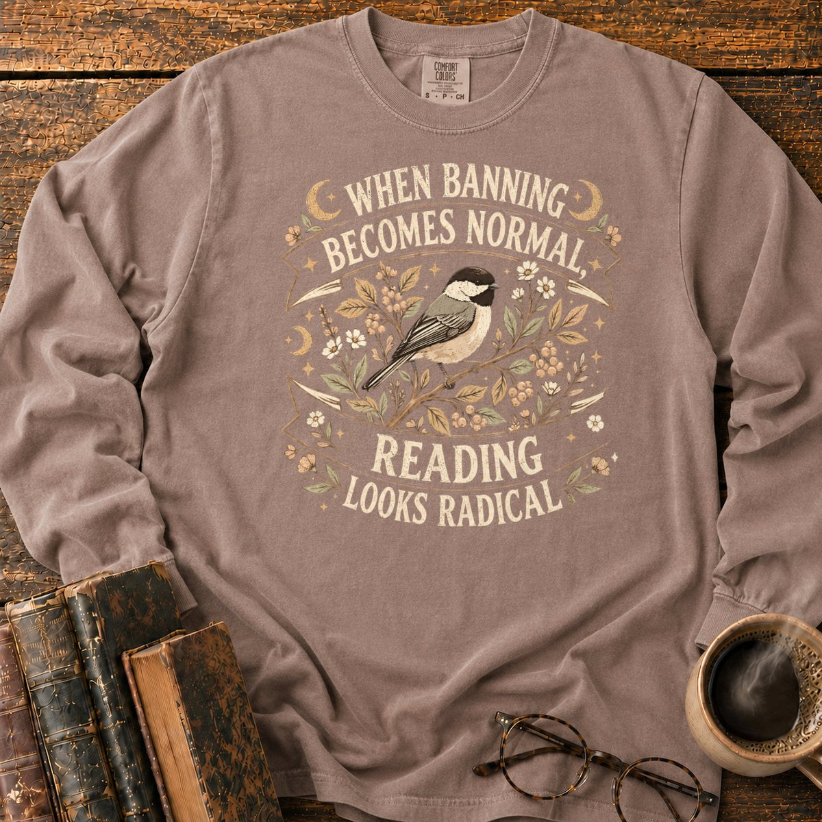 Vintage Chickadee Botanical Ribbon LS T-Shirt in Espresso – BooksThreads