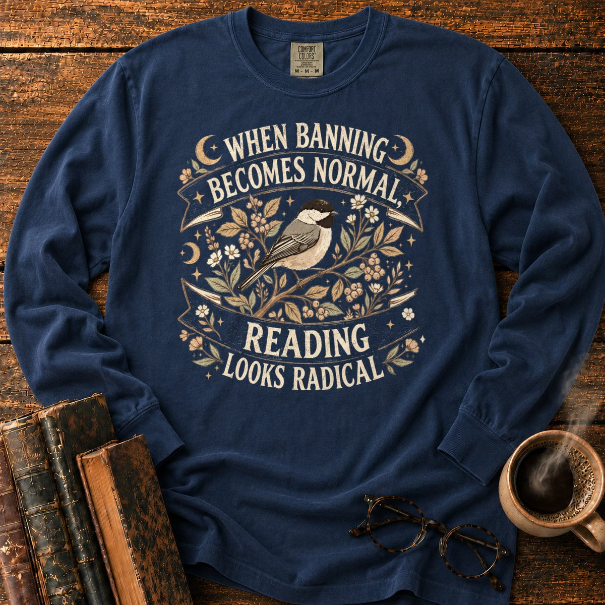 Vintage Chickadee Botanical Ribbon LS T-Shirt in Midnight – BooksThreads