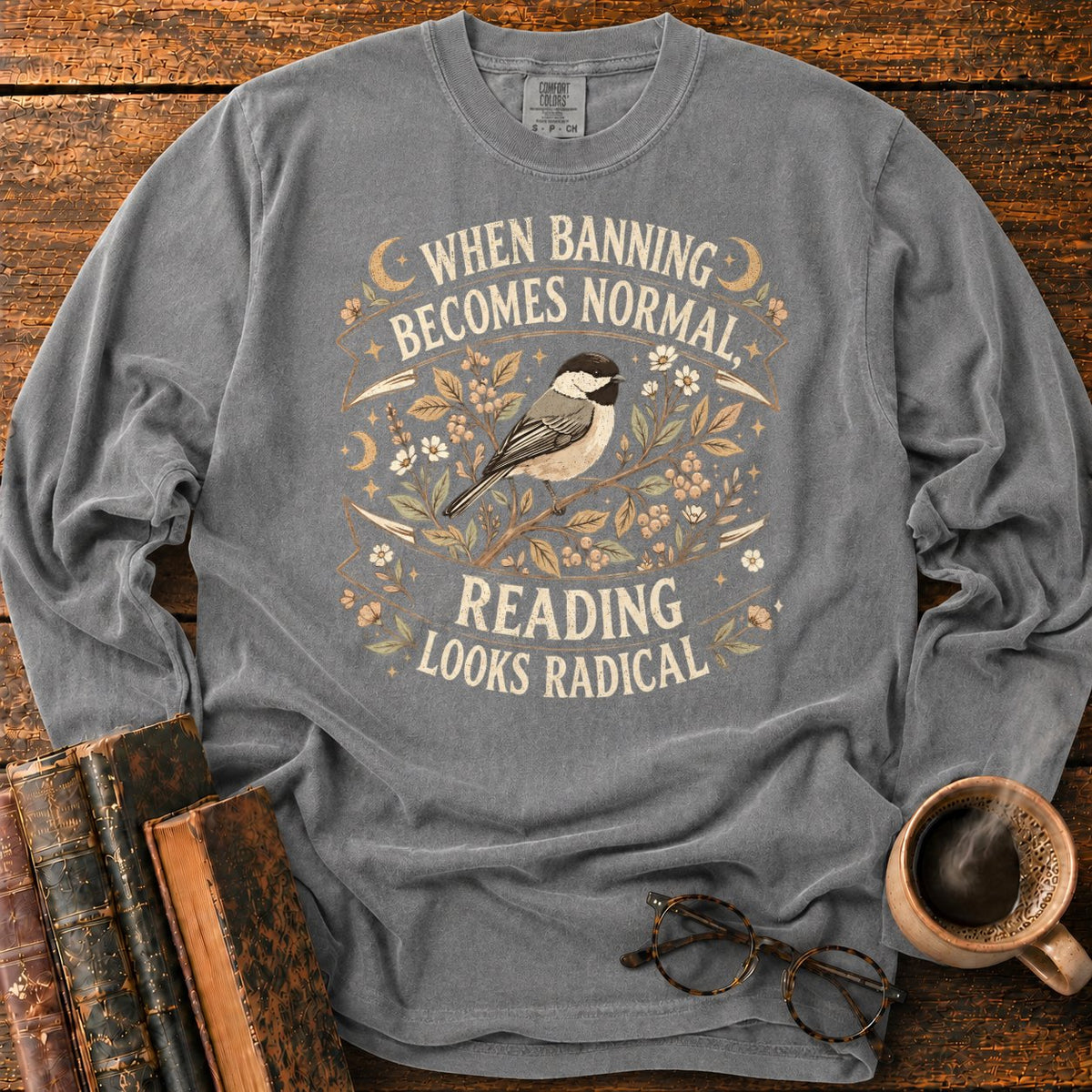 Vintage Chickadee Botanical Ribbon LS T-Shirt in Pepper – BooksThreads