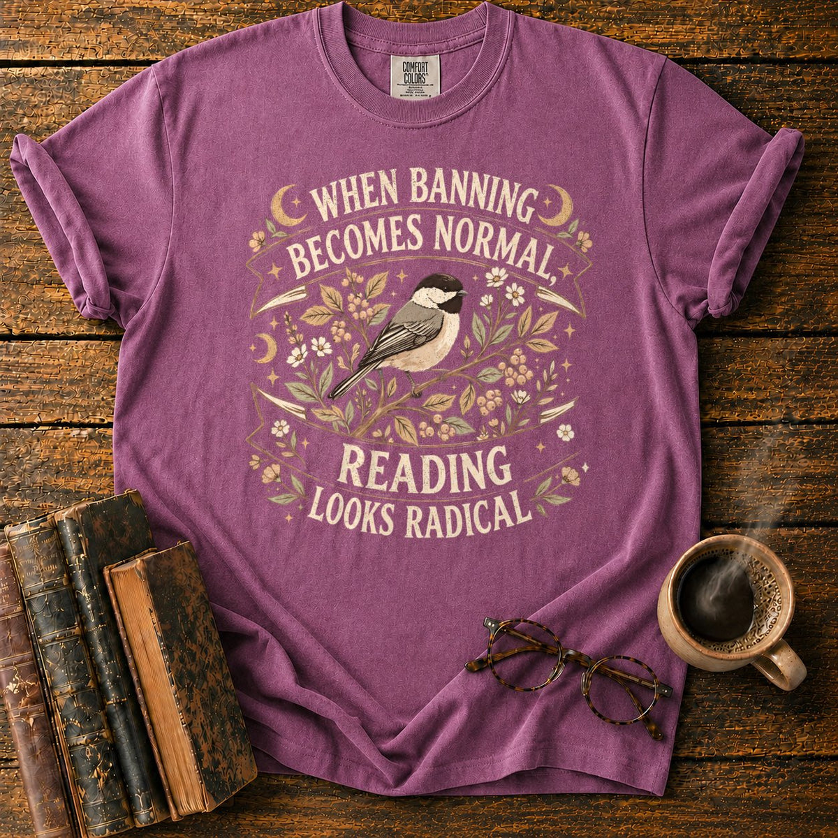 Vintage Chickadee Botanical Ribbon T-Shirt in Berry – BooksThreads