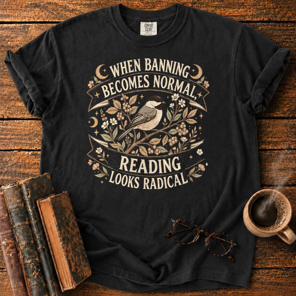 Vintage Chickadee Botanical Ribbon T-Shirt in Black – BooksThreads