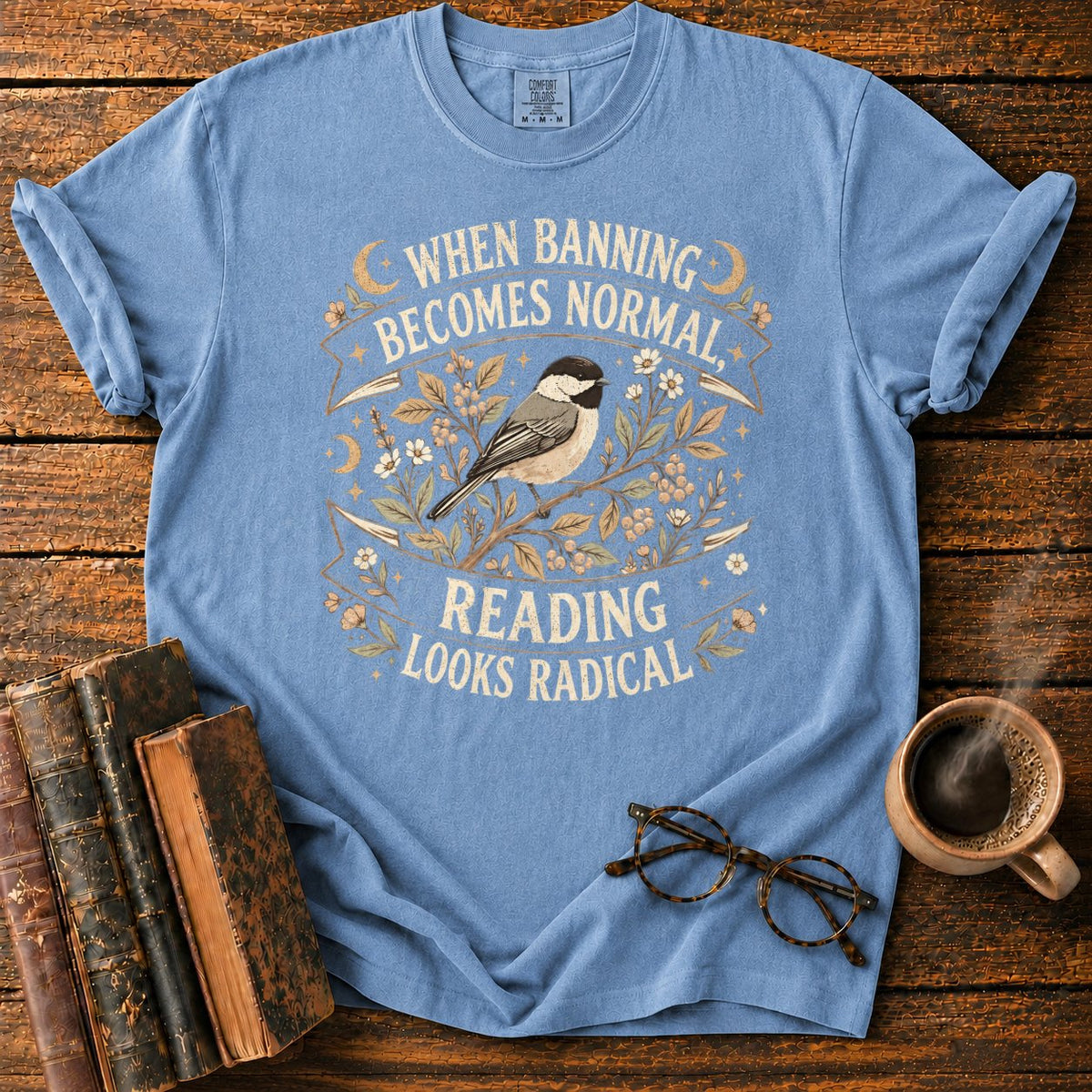 Vintage Chickadee Botanical Ribbon T-Shirt in Blue Jean – BooksThreads