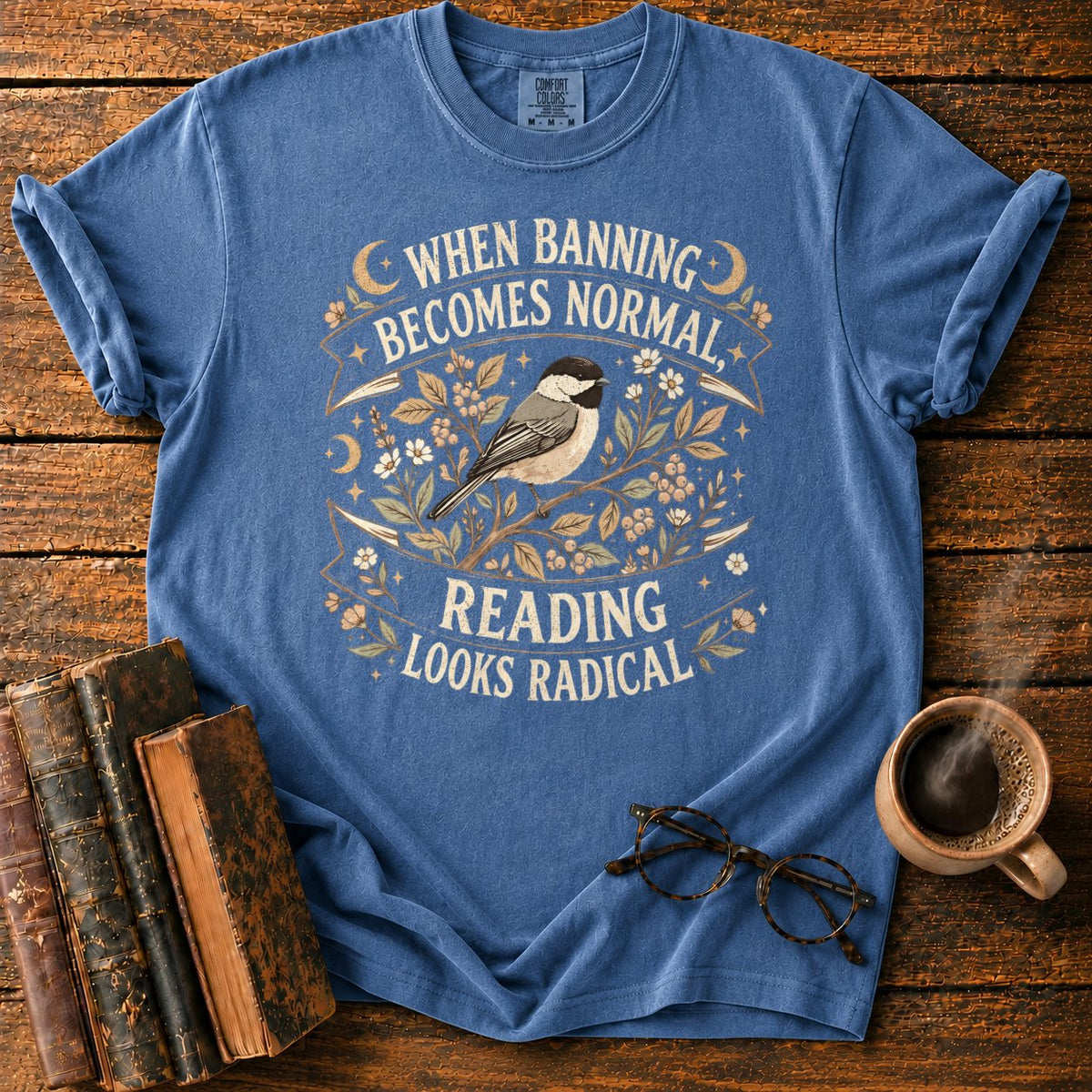 Vintage Chickadee Botanical Ribbon T-Shirt in Denim – BooksThreads