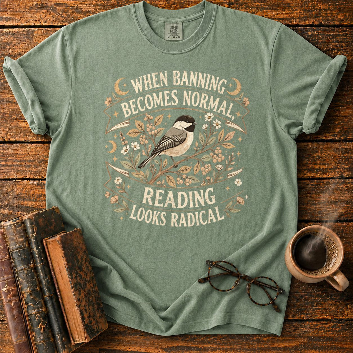 Vintage Chickadee Botanical Ribbon T-Shirt in Moss – BooksThreads