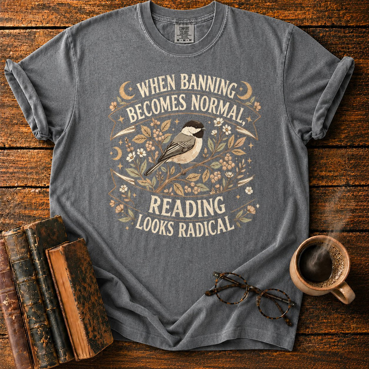 Vintage Chickadee Botanical Ribbon T-Shirt in Pepper – BooksThreads