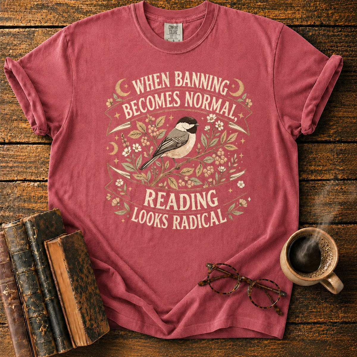 Vintage Chickadee Botanical Ribbon T-Shirt in Watermelon – BooksThreads