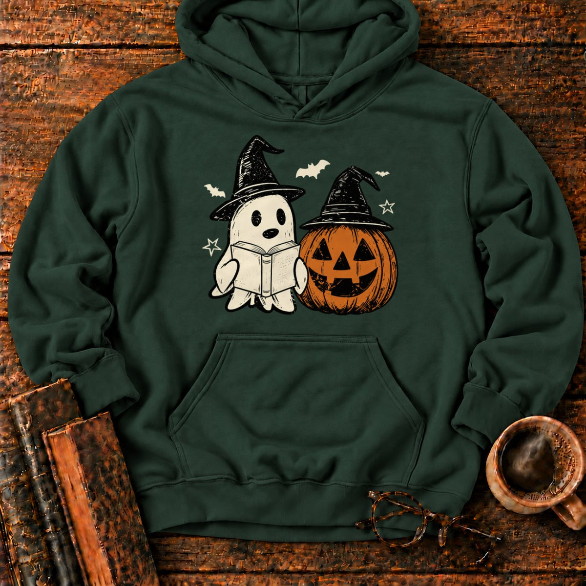 Vintage Ghost And Jack O’ Lantern Hoodie in Forest Green – BooksThreads