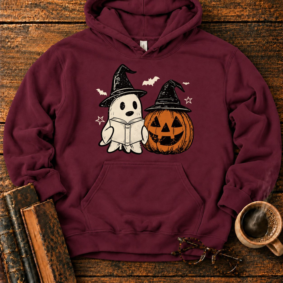 Vintage Ghost And Jack O’ Lantern Hoodie in Maroon – BooksThreads