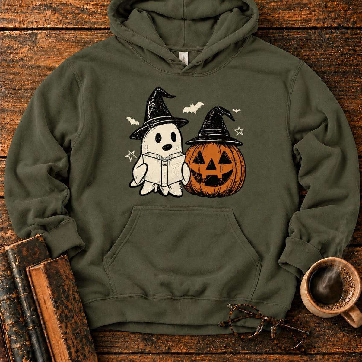 Vintage Ghost And Jack O’ Lantern Hoodie in Military Green – BooksThreads