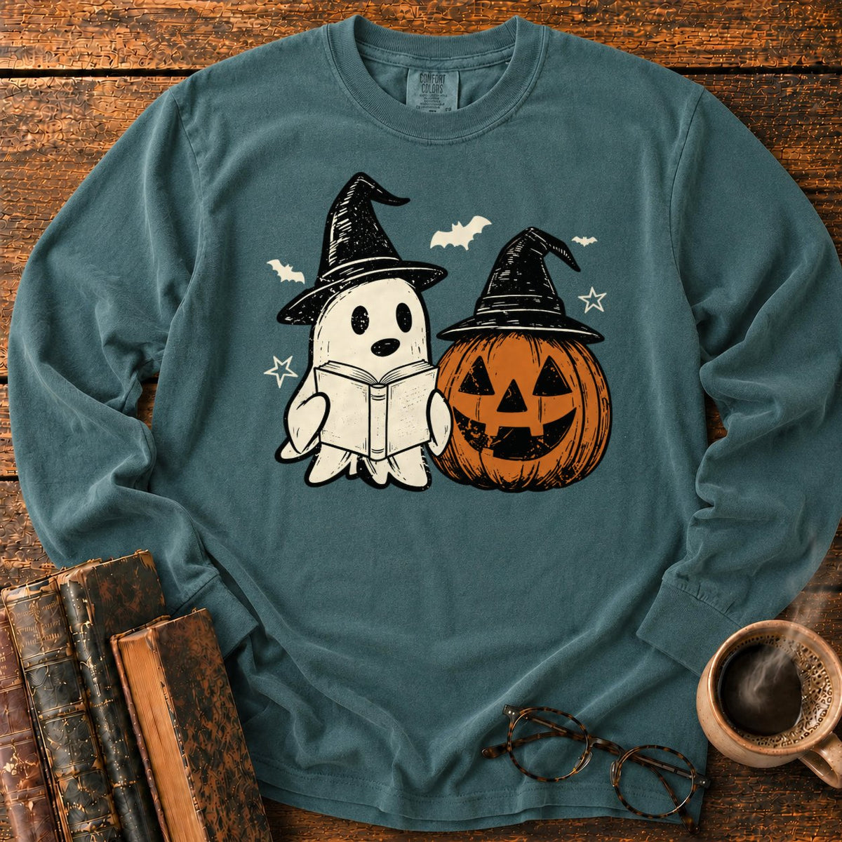 Vintage Ghost And Jack O’ Lantern LS T-Shirt in Blue Spruce – BooksThreads