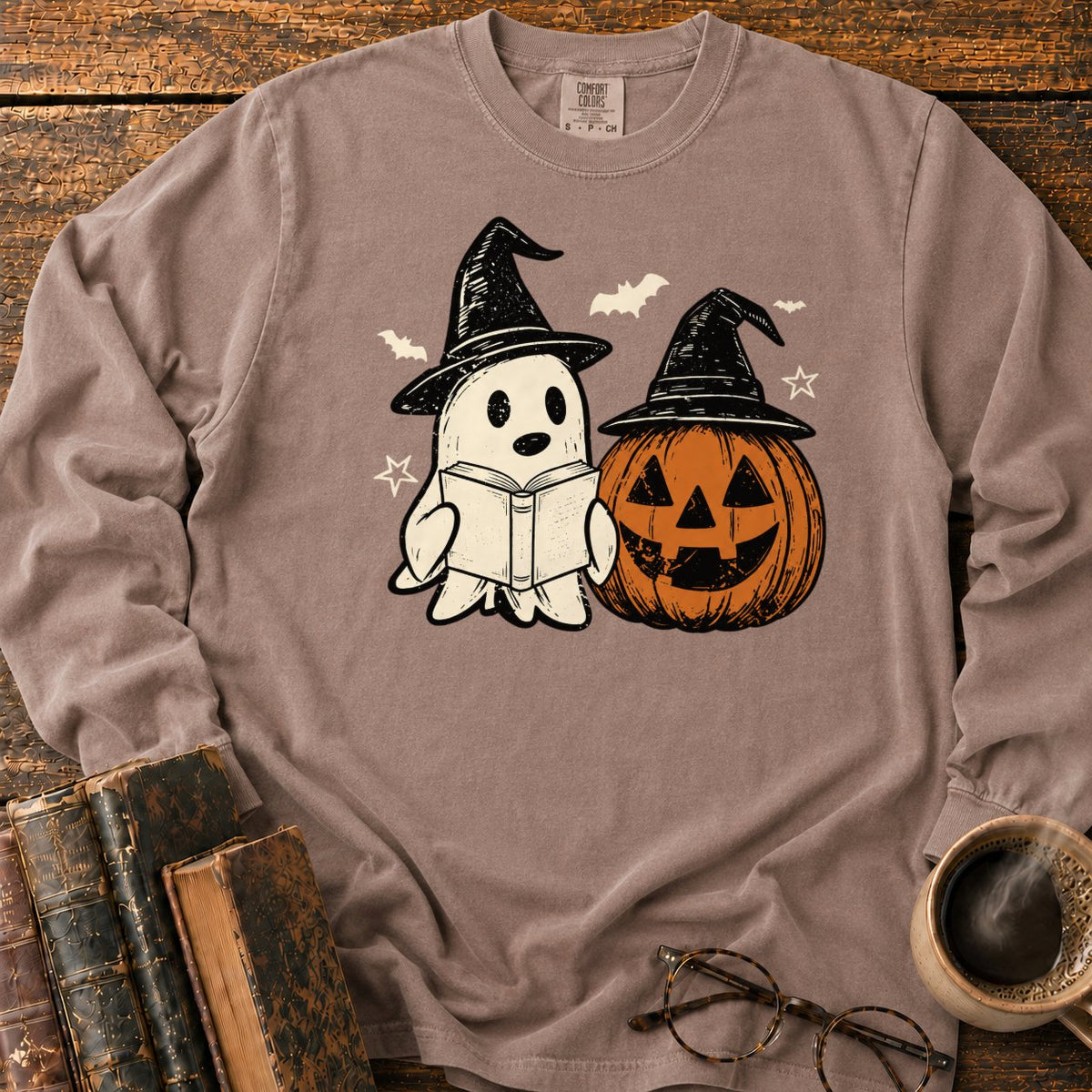 Vintage Ghost And Jack O’ Lantern LS T-Shirt in Espresso – BooksThreads