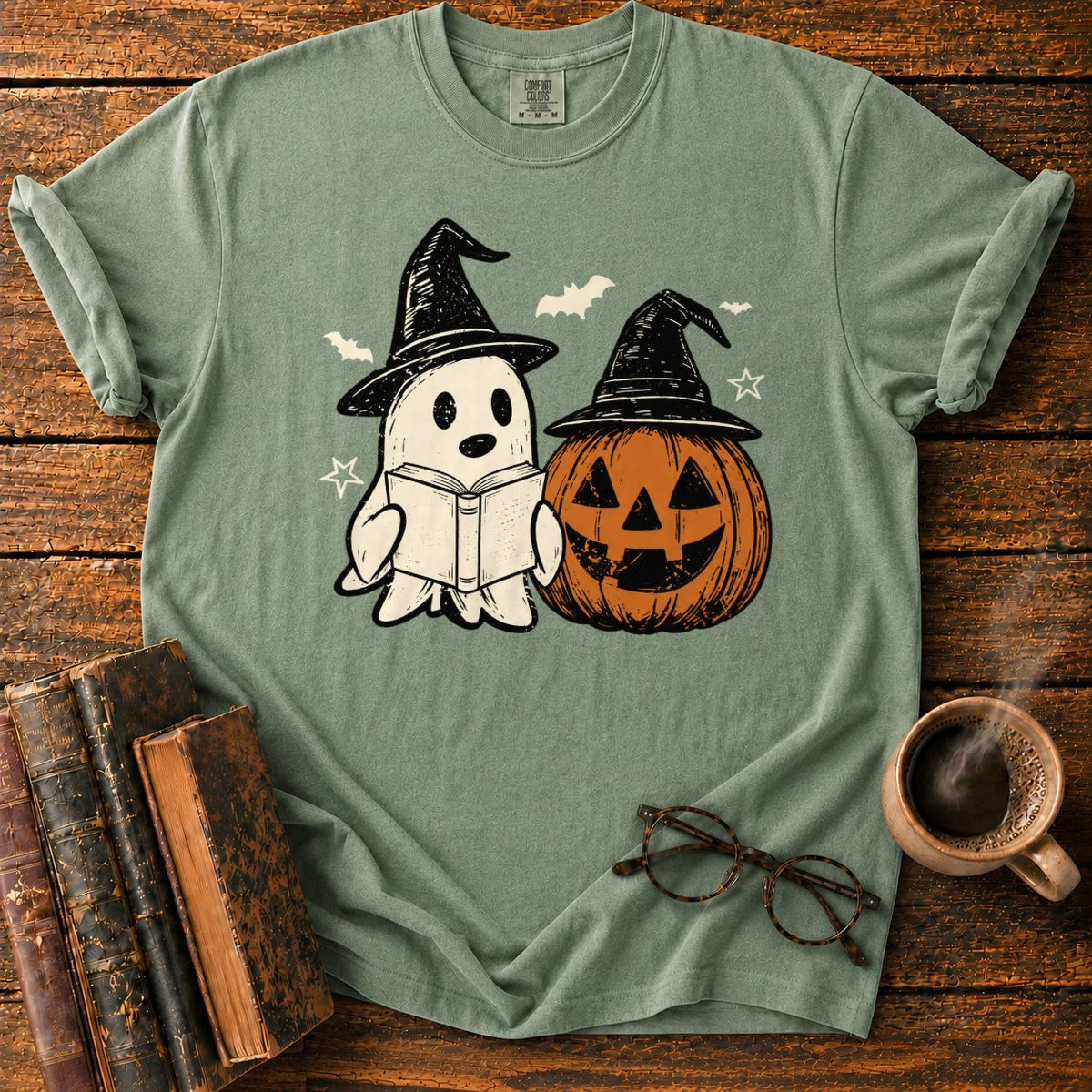 Vintage Ghost And Jack O’ Lantern T-Shirt in Moss – BooksThreads