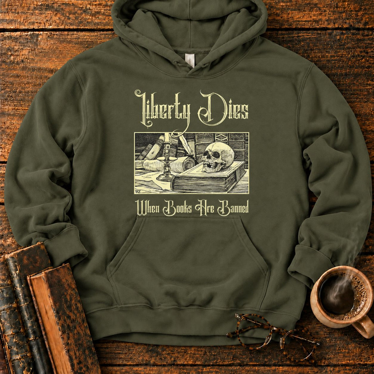 Vintage Gothic Bookplate Still Life Hoodie in Military Green – BooksThreads