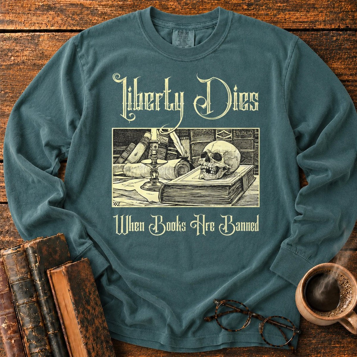 Vintage Gothic Bookplate Still Life LS T-Shirt in Blue Spruce – BooksThreads