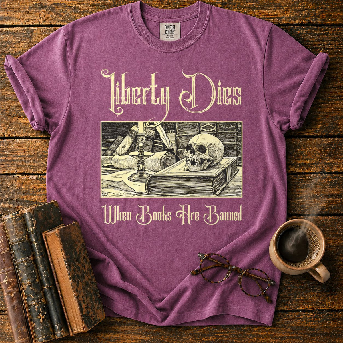 Vintage Gothic Bookplate Still Life T-Shirt in Berry – BooksThreads