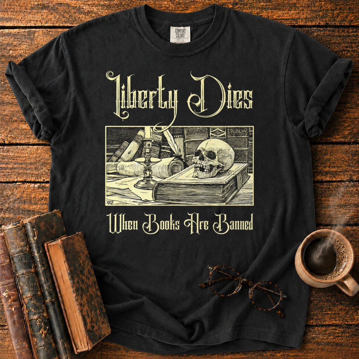 Vintage Gothic Bookplate Still Life T-Shirt in Black – BooksThreads