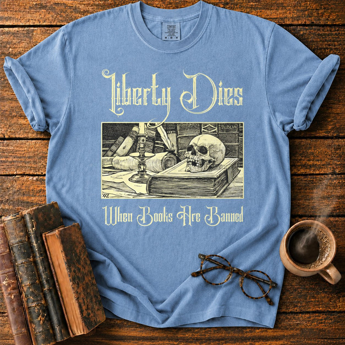 Vintage Gothic Bookplate Still Life T-Shirt in Blue Jean – BooksThreads