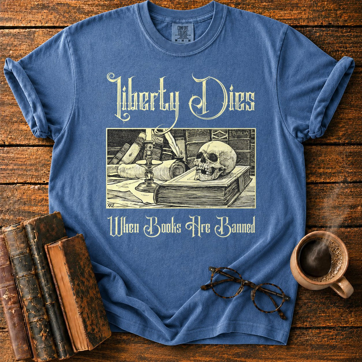 Vintage Gothic Bookplate Still Life T-Shirt in Denim – BooksThreads