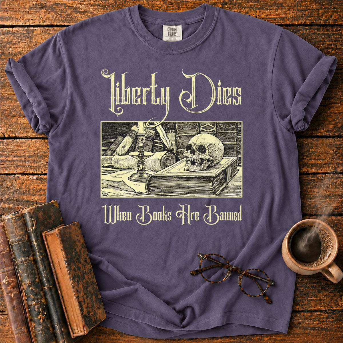 Vintage Gothic Bookplate Still Life T-Shirt in Grape – BooksThreads