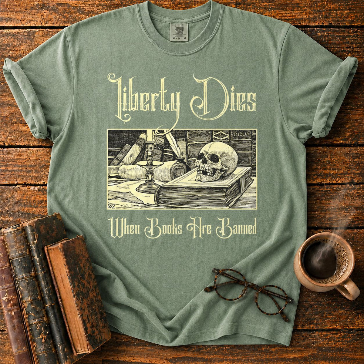 Vintage Gothic Bookplate Still Life T-Shirt in Moss – BooksThreads