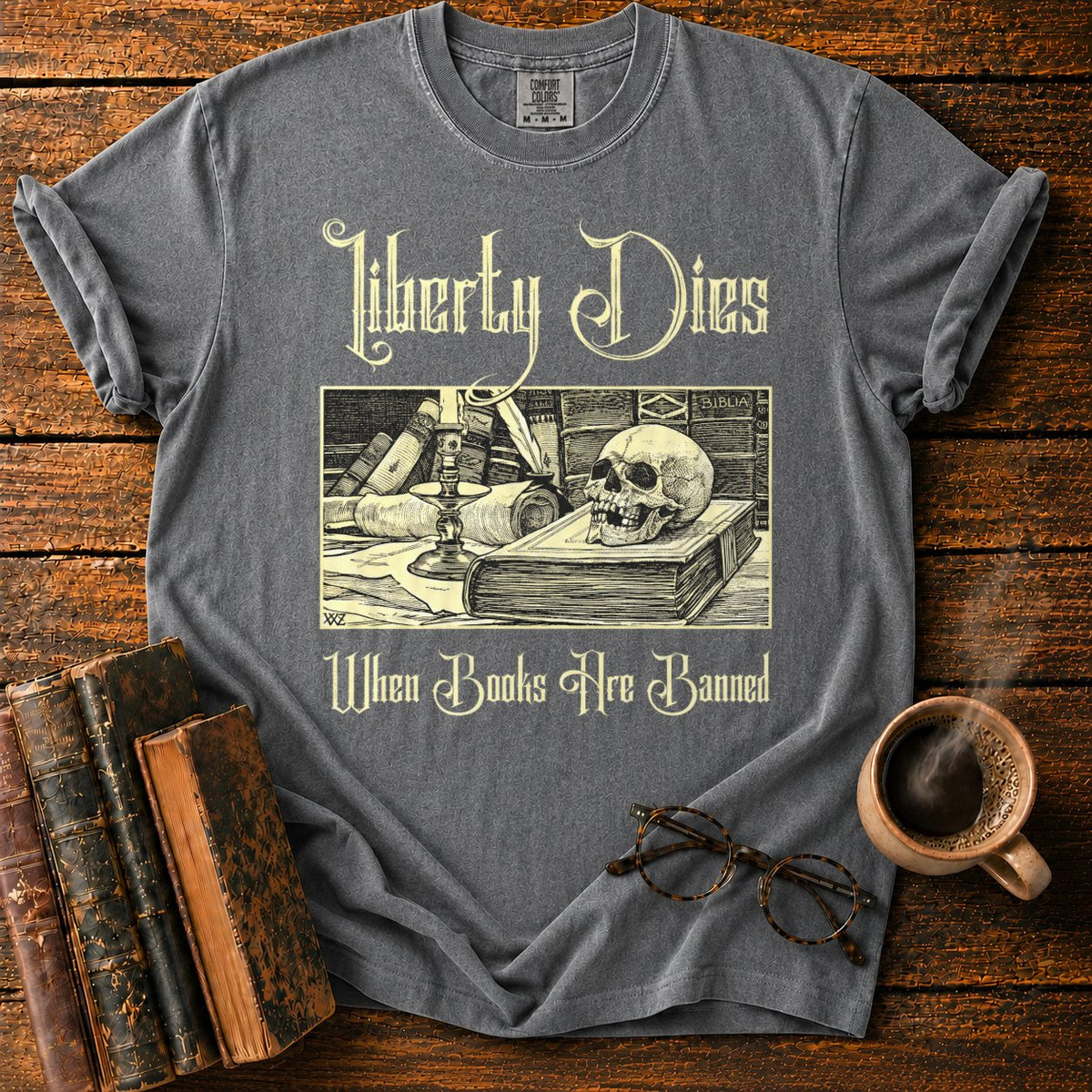 Vintage Gothic Bookplate Still Life T-Shirt in Pepper – BooksThreads