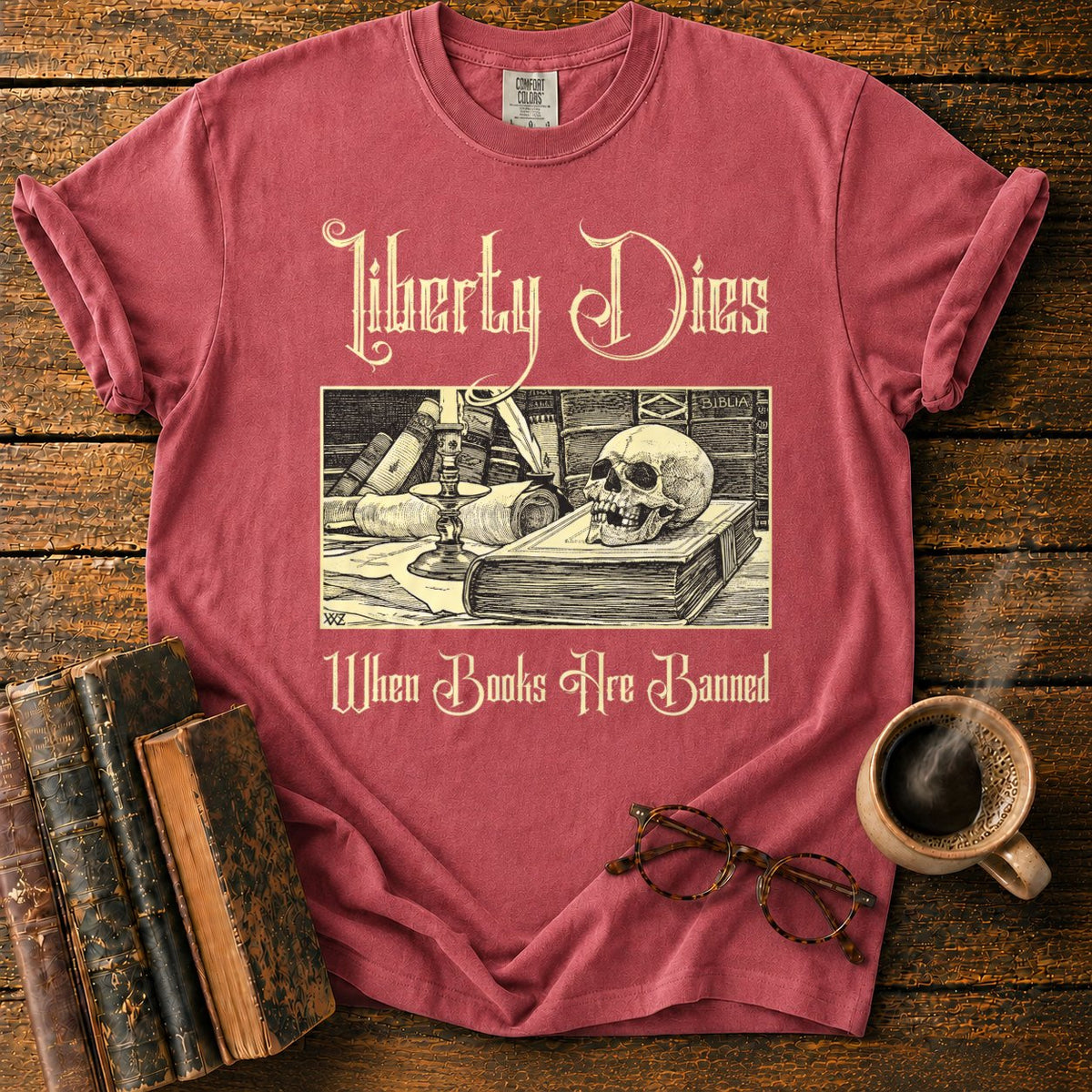 Vintage Gothic Bookplate Still Life T-Shirt in Watermelon – BooksThreads