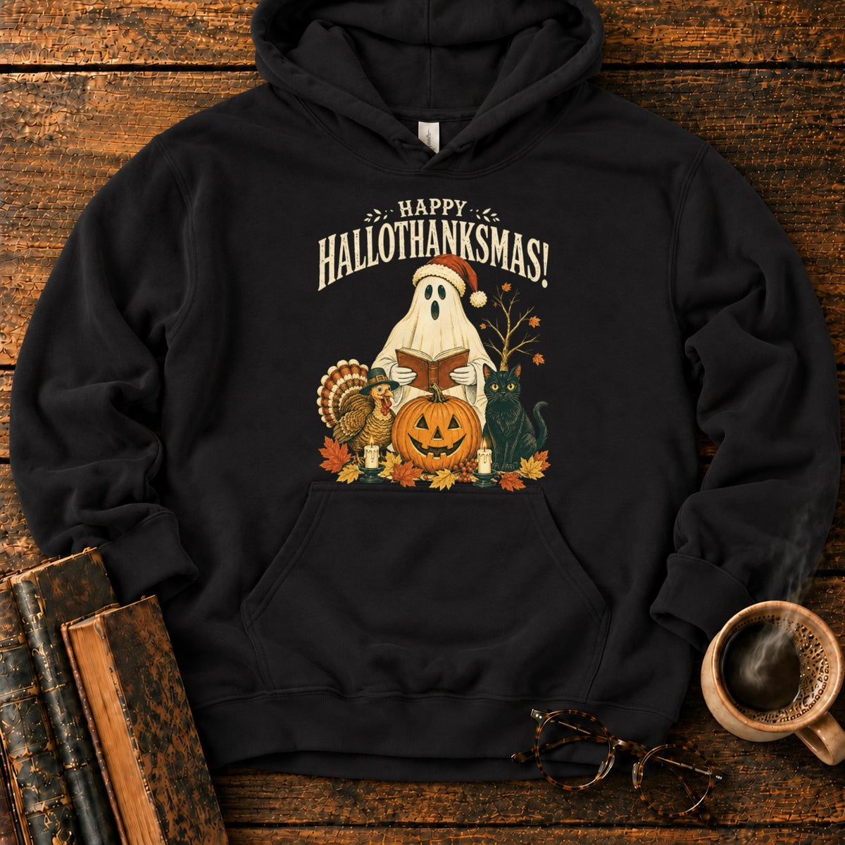 Vintage Hallothanksmas Pumpkin Holiday Hoodie in Black – BooksThreads