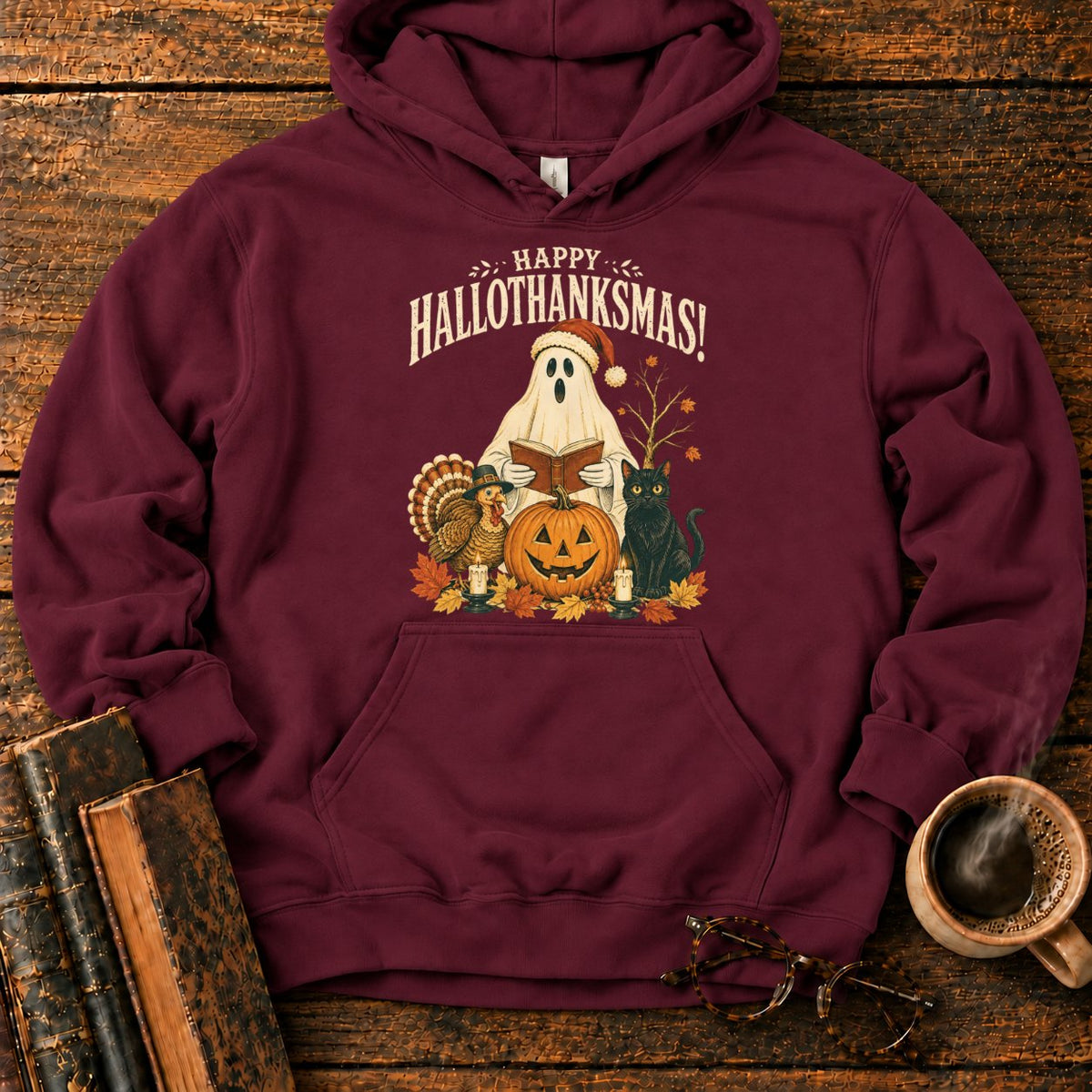 Vintage Hallothanksmas Pumpkin Holiday Hoodie in Maroon – BooksThreads