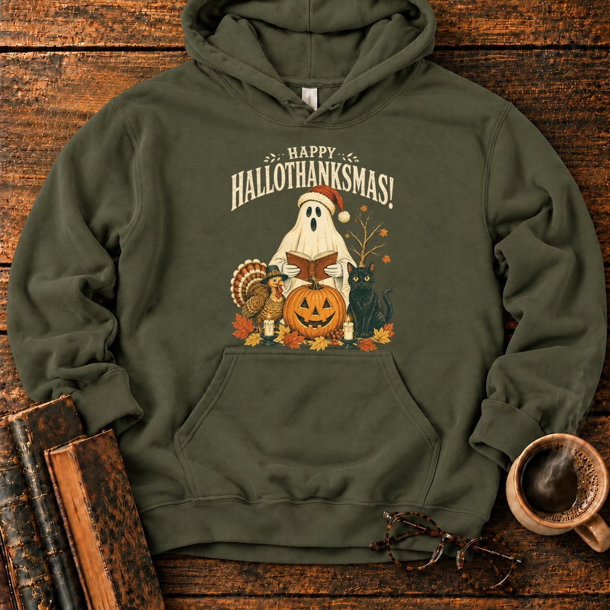 Vintage Hallothanksmas Pumpkin Holiday Hoodie in Military Green – BooksThreads