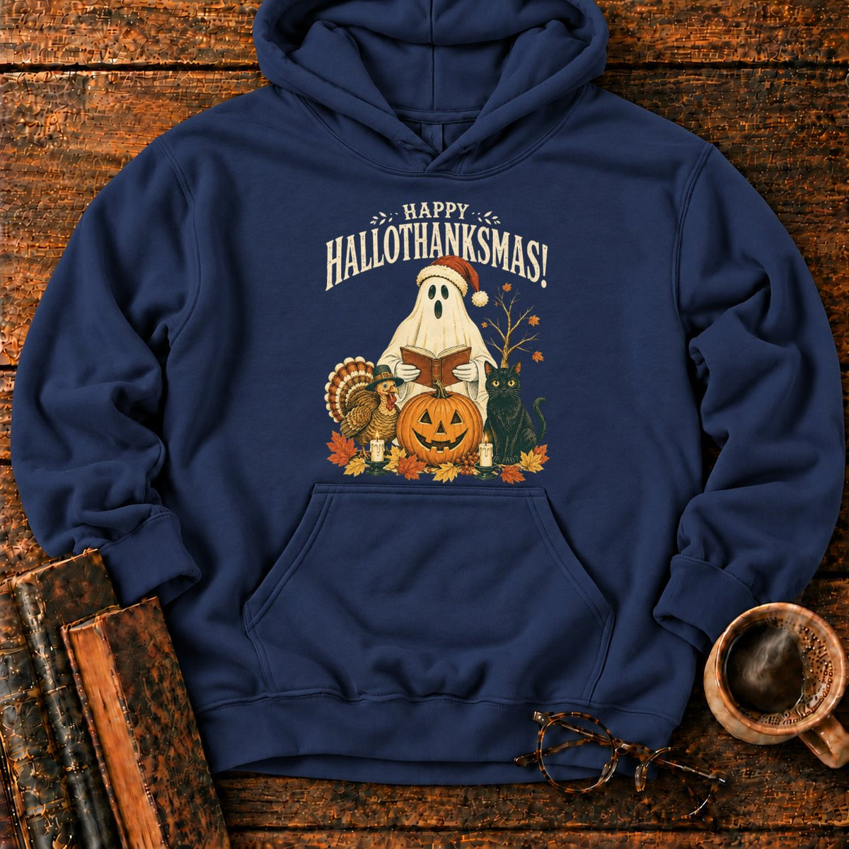Vintage Hallothanksmas Pumpkin Holiday Hoodie in Navy – BooksThreads