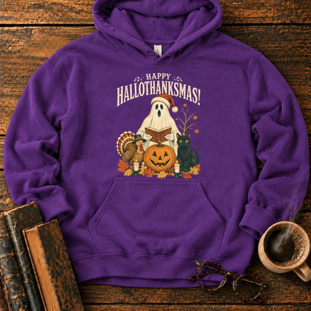 Vintage Hallothanksmas Pumpkin Holiday Hoodie in Purple – BooksThreads